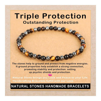 AD Beads Handgefertigtes Edelstein-Armband mit Dehnbarem Gummiband, Kristallheilung Reiki, Natürliche Schönheit und Spirituelle Essenz Unisex (4mm, Dreifacher Schutz (Starker Schutz))