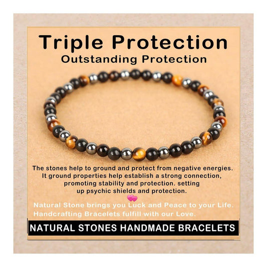AD Beads Handgefertigtes Edelstein-Armband mit Dehnbarem Gummiband, Kristallheilung Reiki, Natürliche Schönheit und Spirituelle Essenz Unisex (4mm, Dreifacher Schutz (Starker Schutz))