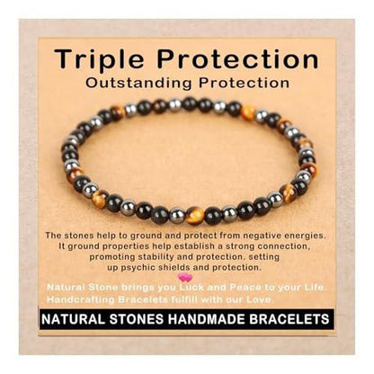 AD Beads Handgefertigtes Edelstein-Armband mit Dehnbarem Gummiband, Kristallheilung Reiki, Natürliche Schönheit und Spirituelle Essenz Unisex (4mm, Dreifacher Schutz (Starker Schutz))