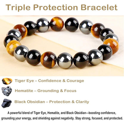 AD Beads Handgefertigtes Edelstein-Armband mit Dehnbarem Gummiband, Kristallheilung Reiki, Natürliche Schönheit und Spirituelle Essenz Unisex (4mm, Dreifacher Schutz (Starker Schutz))