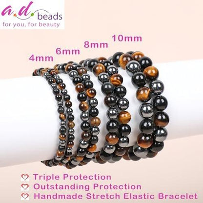 AD Beads Handgefertigtes Edelstein-Armband mit Dehnbarem Gummiband, Kristallheilung Reiki, Natürliche Schönheit und Spirituelle Essenz Unisex (4mm, Dreifacher Schutz (Starker Schutz))