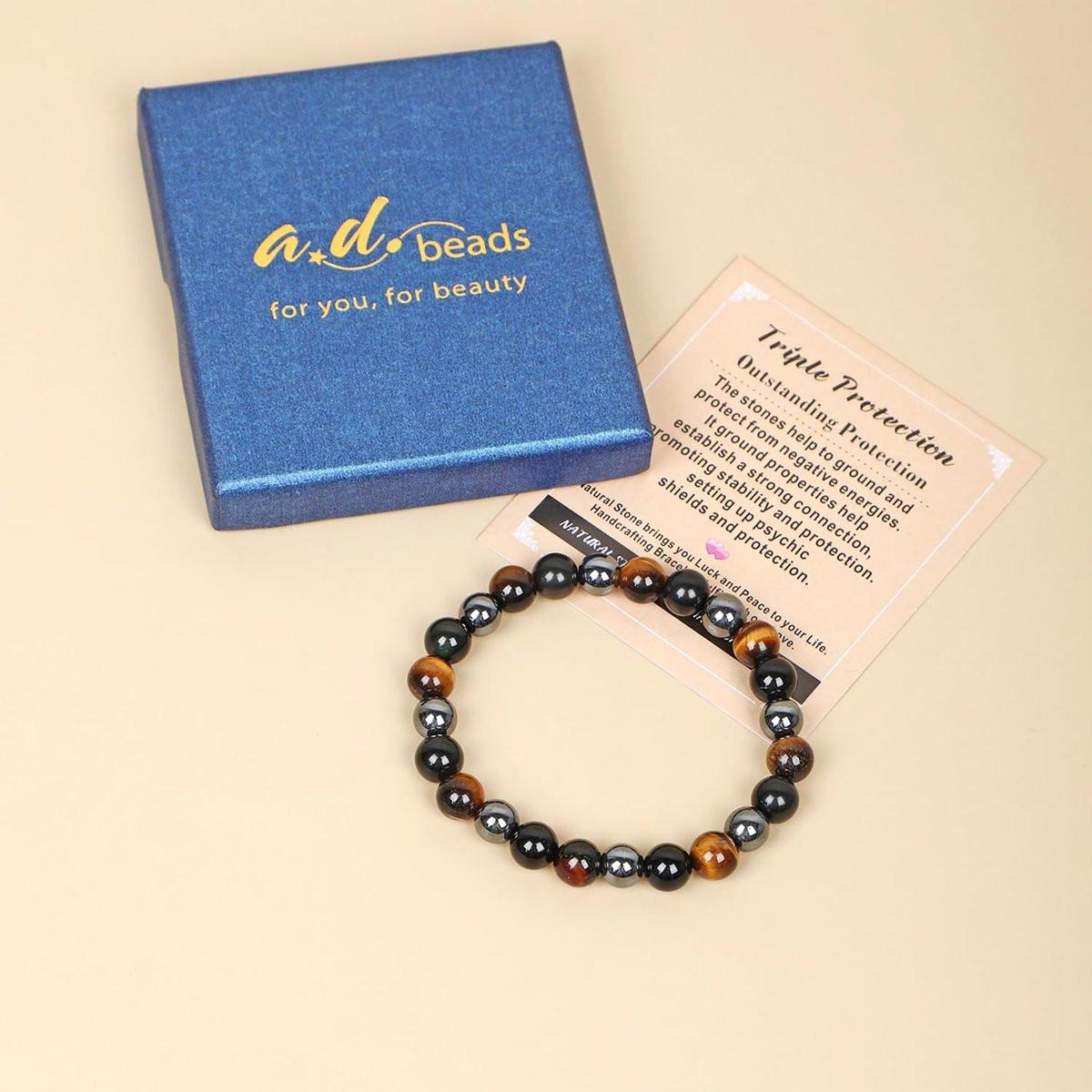 AD Beads Handgefertigtes Edelstein-Armband mit Dehnbarem Gummiband, Kristallheilung Reiki, Natürliche Schönheit und Spirituelle Essenz Unisex (4mm, Dreifacher Schutz (Starker Schutz))