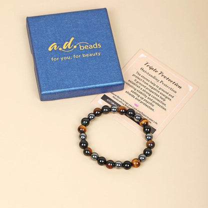 AD Beads Handgefertigtes Edelstein-Armband mit Dehnbarem Gummiband, Kristallheilung Reiki, Natürliche Schönheit und Spirituelle Essenz Unisex (4mm, Dreifacher Schutz (Starker Schutz))
