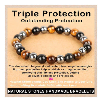 AD Beads Handgefertigtes Edelstein-Dehnbares Armband – Kristall-Heil-Reiki, Natürliche Schönheit und Spirituelle Essenz, Unisex (6 mm, Dreifacher Schutz (Starker Schutz))