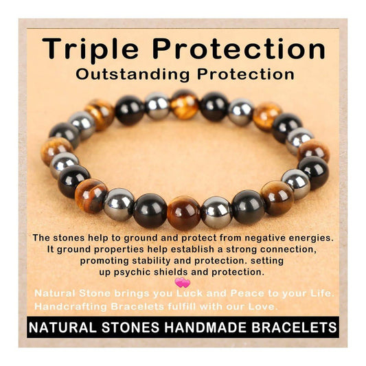 AD Beads Handgefertigtes Edelstein-Dehnbares Armband – Kristall-Heil-Reiki, Natürliche Schönheit und Spirituelle Essenz, Unisex (6 mm, Dreifacher Schutz (Starker Schutz))