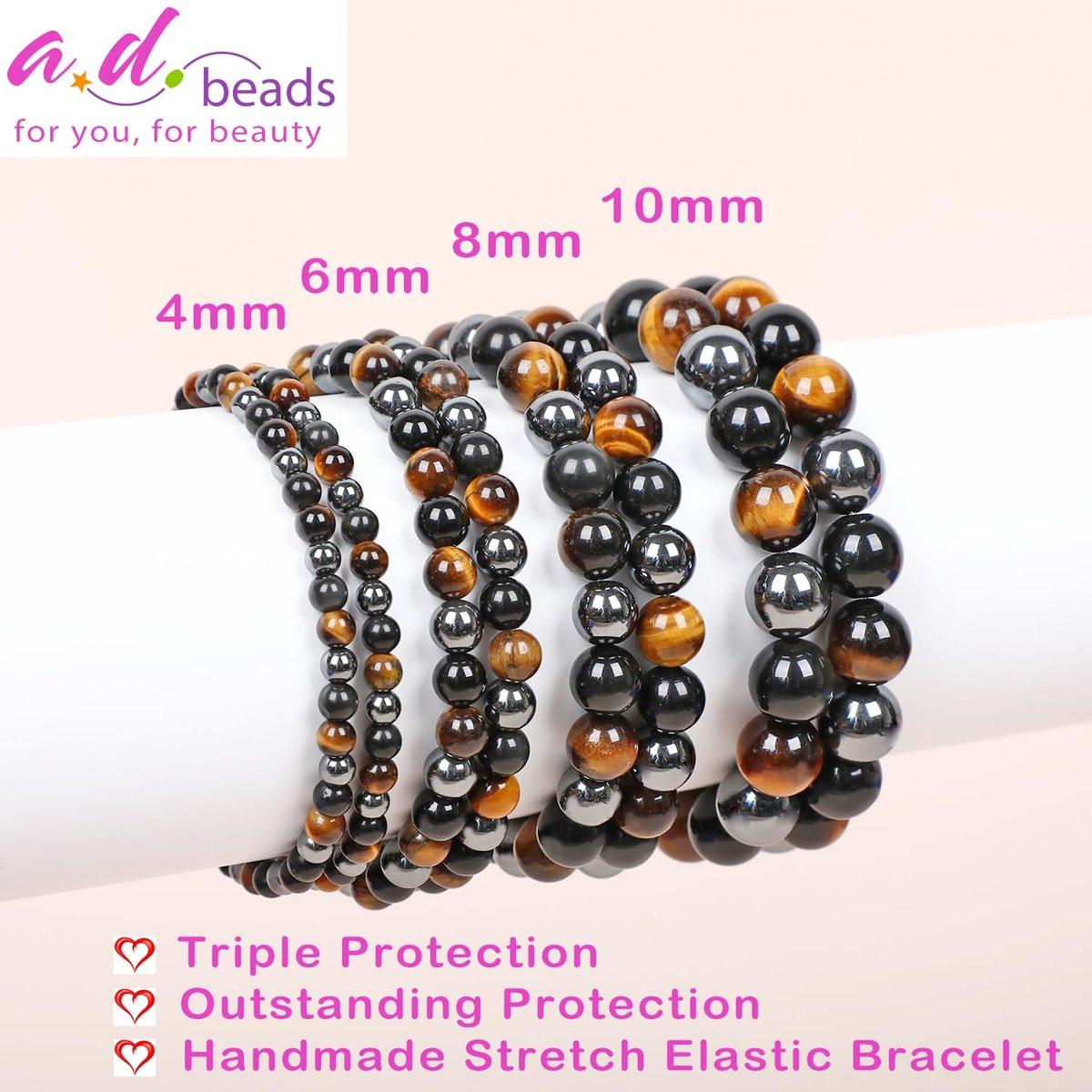 AD Beads Handgefertigtes Edelstein-Dehnbares Armband – Kristall-Heil-Reiki, Natürliche Schönheit und Spirituelle Essenz, Unisex (6 mm, Dreifacher Schutz (Starker Schutz))