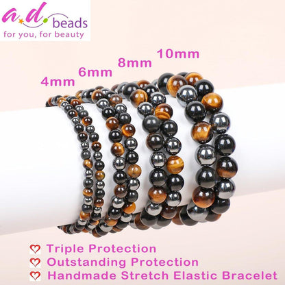 AD Beads Handgefertigtes Edelstein-Dehnbares Armband – Kristall-Heil-Reiki, Natürliche Schönheit und Spirituelle Essenz, Unisex (6 mm, Dreifacher Schutz (Starker Schutz))