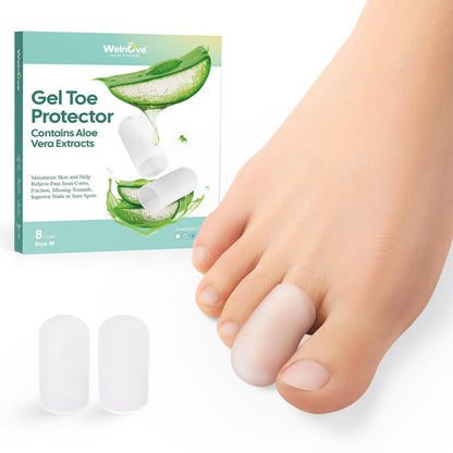 Welnove Gel Zehenkappe und Schutz - Silikon Zehenüberzüge - Zehenpolster zur Schmerzlinderung bei fehlenden oder eingewachsenen Zehennägeln, Hühneraugen, Schwielen, Blasen - mit Aloe Vera Extrakt (8 Stück, Medium, Transparent)