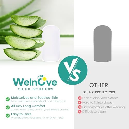 Welnove Gel Zehenkappe und Schutz - Silikon Zehenüberzüge - Zehenpolster zur Schmerzlinderung bei fehlenden oder eingewachsenen Zehennägeln, Hühneraugen, Schwielen, Blasen - mit Aloe Vera Extrakt (8 Stück, Medium, Transparent)