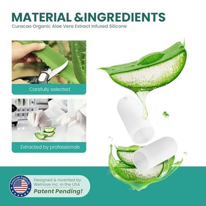 Welnove Gel Zehenkappe und Schutz - Silikon Zehenüberzüge - Zehenpolster zur Schmerzlinderung bei fehlenden oder eingewachsenen Zehennägeln, Hühneraugen, Schwielen, Blasen - mit Aloe Vera Extrakt (8 Stück, Medium, Transparent)