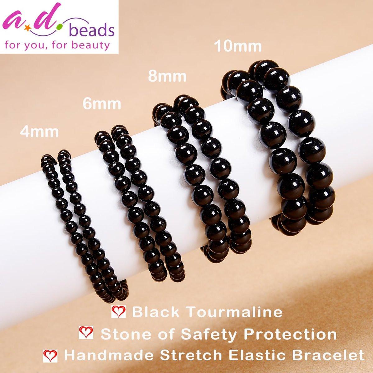 AD Beads Handgefertigtes Edelstein-Dehnbares Armband aus schwarzem Turmalin – 4mm Perlen, Heilung & Schutz, Unisex