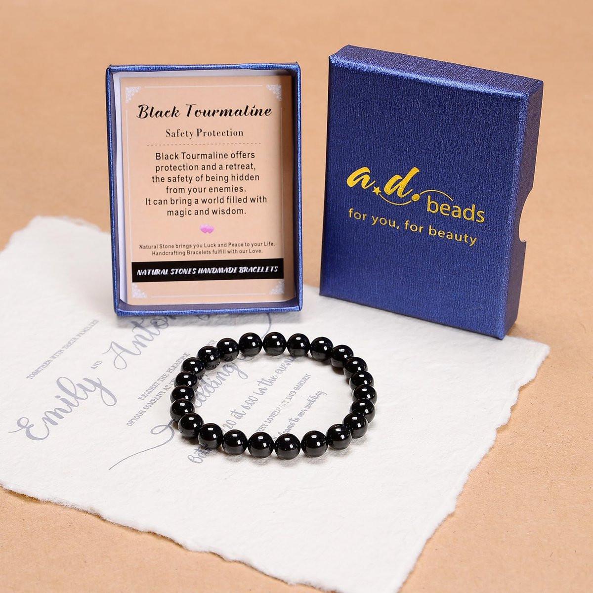 AD Beads Handgefertigtes Edelstein-Dehnbares Armband aus schwarzem Turmalin – 4mm Perlen, Heilung & Schutz, Unisex