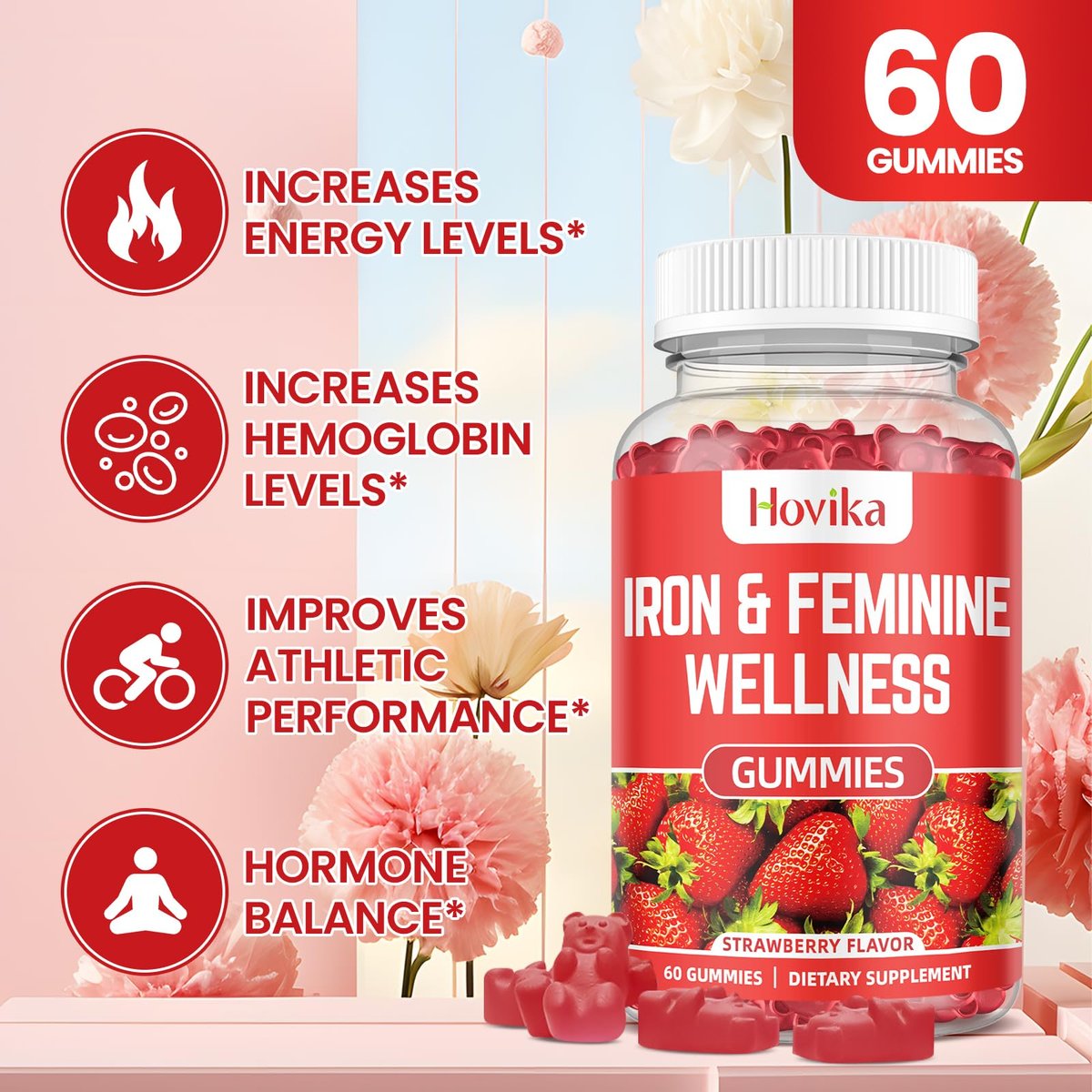 Eisen für Frauen Gummies, 40mg Eisenpräparat gegen Anämie mit Multivitamin für Frauen, Zink, Selen, Jod – gegen Eisenmangel – natürliche hormonelle Unterstützung bei PMS, Erdbeergeschmack, 60 Stück
