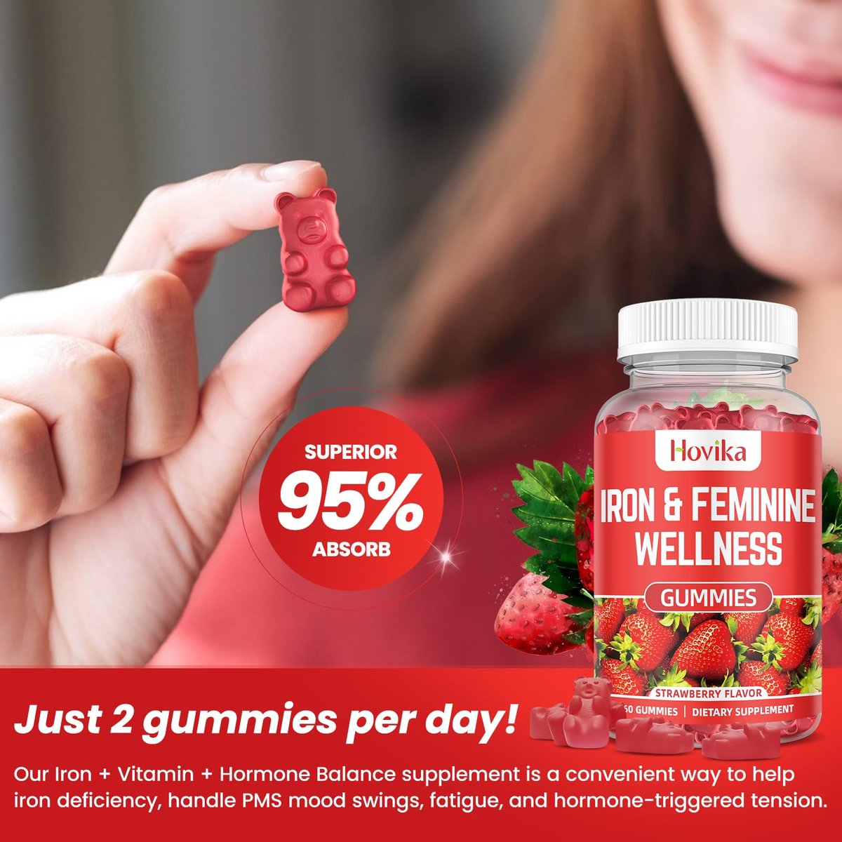 Eisen für Frauen Gummies, 40mg Eisenpräparat gegen Anämie mit Multivitamin für Frauen, Zink, Selen, Jod – gegen Eisenmangel – natürliche hormonelle Unterstützung bei PMS, Erdbeergeschmack, 60 Stück
