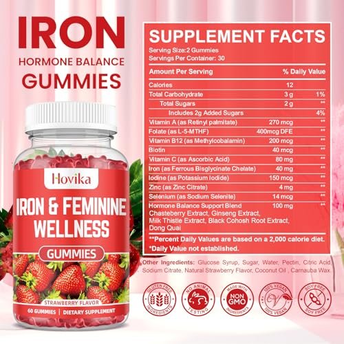 Eisen für Frauen Gummies, 40mg Eisenpräparat gegen Anämie mit Multivitamin für Frauen, Zink, Selen, Jod – gegen Eisenmangel – natürliche hormonelle Unterstützung bei PMS, Erdbeergeschmack, 60 Stück