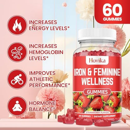 Eisen für Frauen Gummies, 40mg Eisenpräparat gegen Anämie mit Multivitamin für Frauen, Zink, Selen, Jod – gegen Eisenmangel – natürliche hormonelle Unterstützung bei PMS, Erdbeergeschmack, 60 Stück
