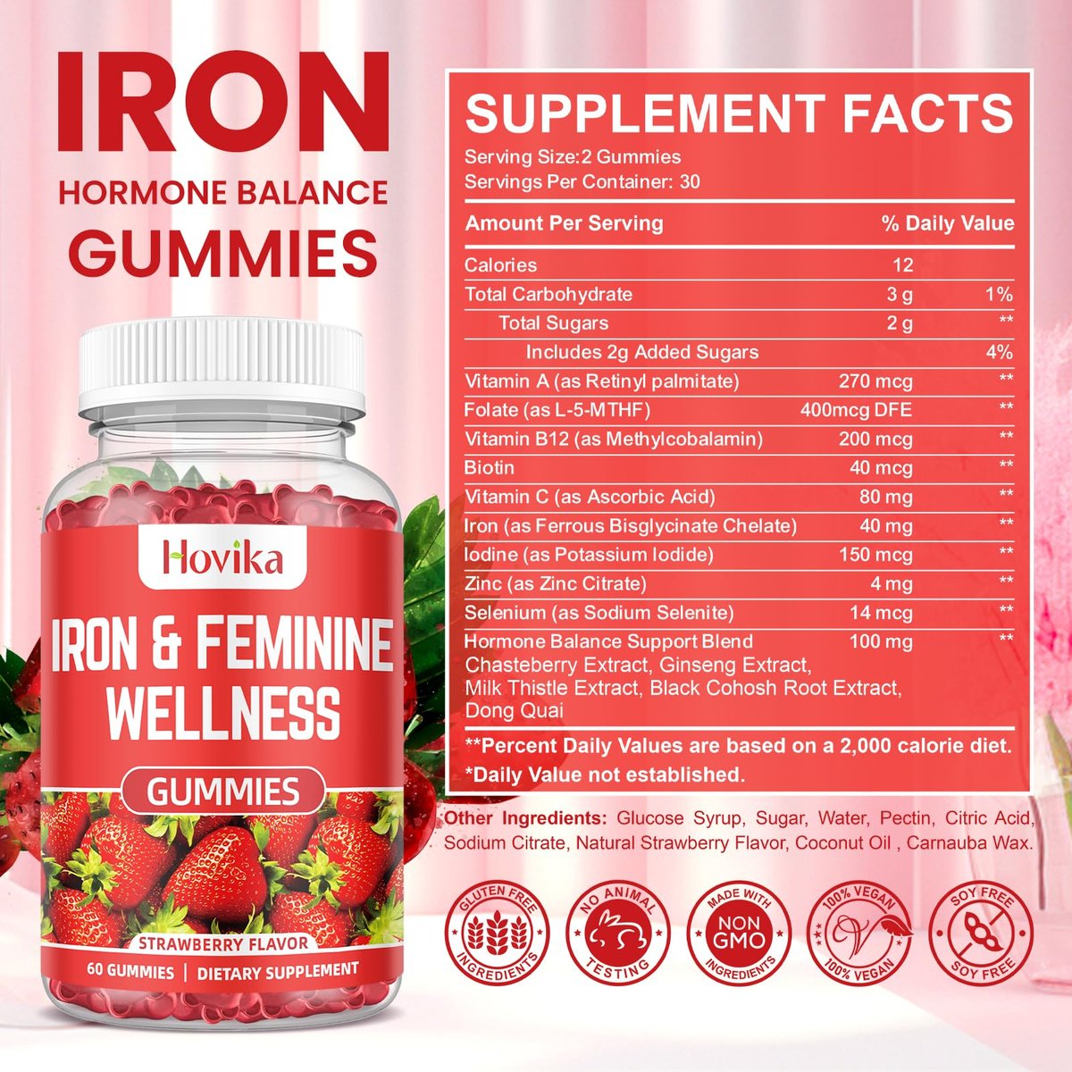 Eisen für Frauen Gummies, 40mg Eisenpräparat gegen Anämie mit Multivitamin für Frauen, Zink, Selen, Jod – gegen Eisenmangel – natürliche hormonelle Unterstützung bei PMS, Erdbeergeschmack, 60 Stück