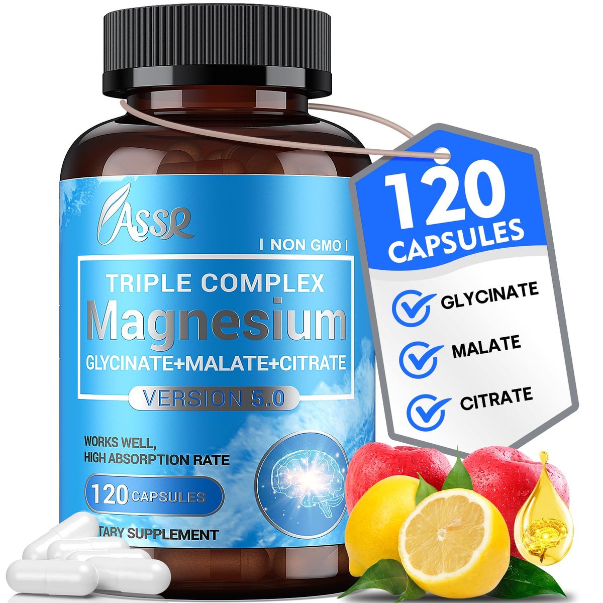 ASSR Triple Magnesium Komplex – 300 mg reines Ozean-Magnesiumglycinat, Magnesiummalat & Magnesiumcitrat für Schlaf, Energie & Entspannung, hohe Bioverfügbarkeit, vegan, nicht-GVO, 120 Kapseln