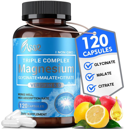 ASSR Triple Magnesium Komplex – 300 mg reines Ozean-Magnesiumglycinat, Magnesiummalat & Magnesiumcitrat für Schlaf, Energie & Entspannung, hohe Bioverfügbarkeit, vegan, nicht-GVO, 120 Kapseln