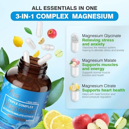 ASSR Triple Magnesium Komplex – 300 mg reines Ozean-Magnesiumglycinat, Magnesiummalat & Magnesiumcitrat für Schlaf, Energie & Entspannung, hohe Bioverfügbarkeit, vegan, nicht-GVO, 120 Kapseln