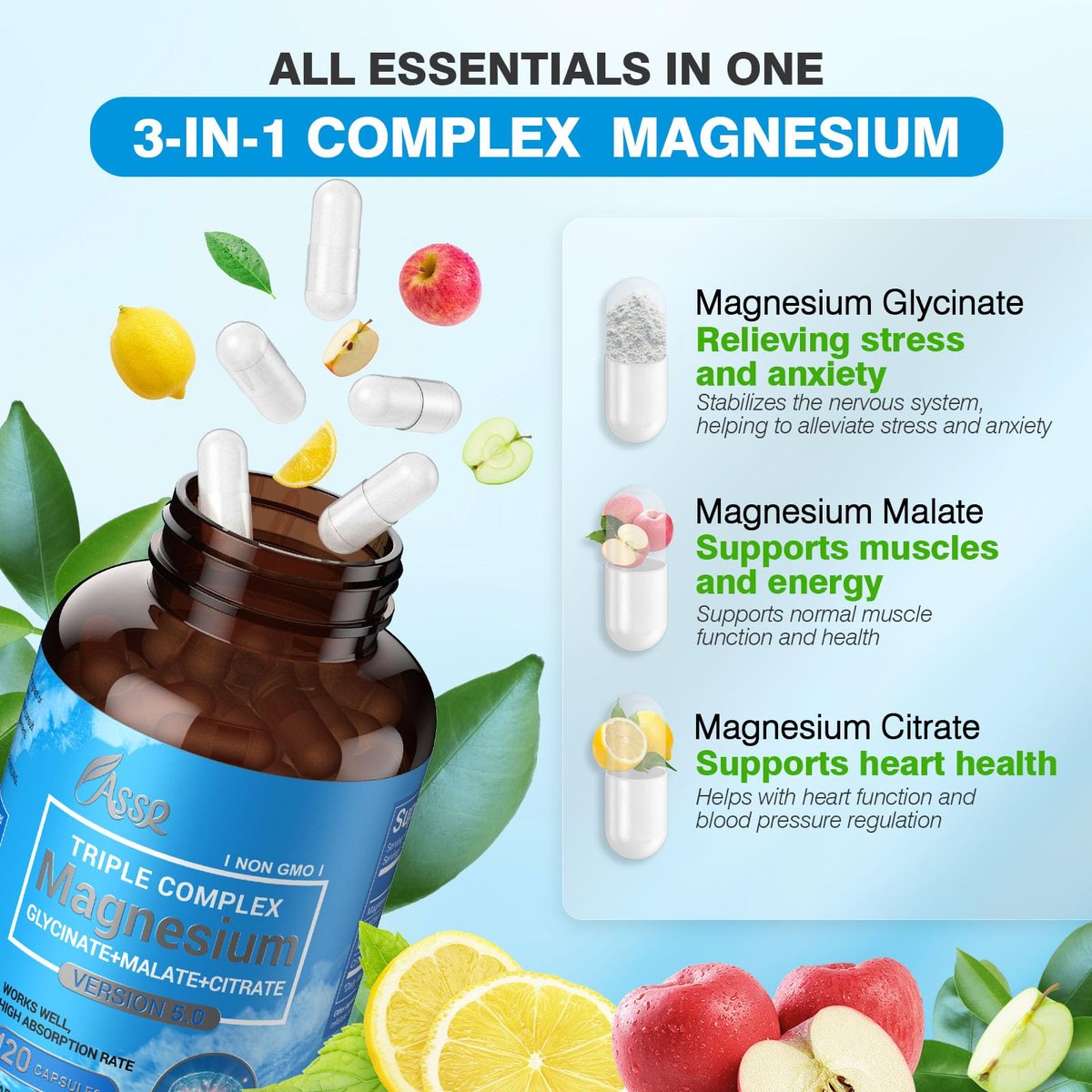 ASSR Triple Magnesium Komplex – 300 mg reines Ozean-Magnesiumglycinat, Magnesiummalat & Magnesiumcitrat für Schlaf, Energie & Entspannung, hohe Bioverfügbarkeit, vegan, nicht-GVO, 120 Kapseln