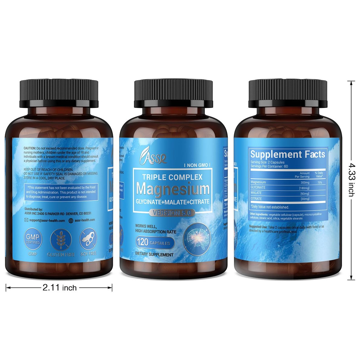 ASSR Triple Magnesium Komplex – 300 mg reines Ozean-Magnesiumglycinat, Magnesiummalat & Magnesiumcitrat für Schlaf, Energie & Entspannung, hohe Bioverfügbarkeit, vegan, nicht-GVO, 120 Kapseln