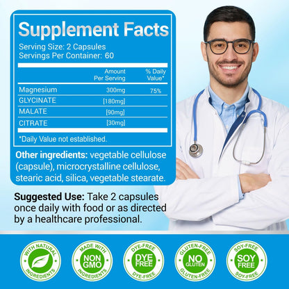 ASSR Triple Magnesium Komplex – 300 mg reines Ozean-Magnesiumglycinat, Magnesiummalat & Magnesiumcitrat für Schlaf, Energie & Entspannung, hohe Bioverfügbarkeit, vegan, nicht-GVO, 120 Kapseln