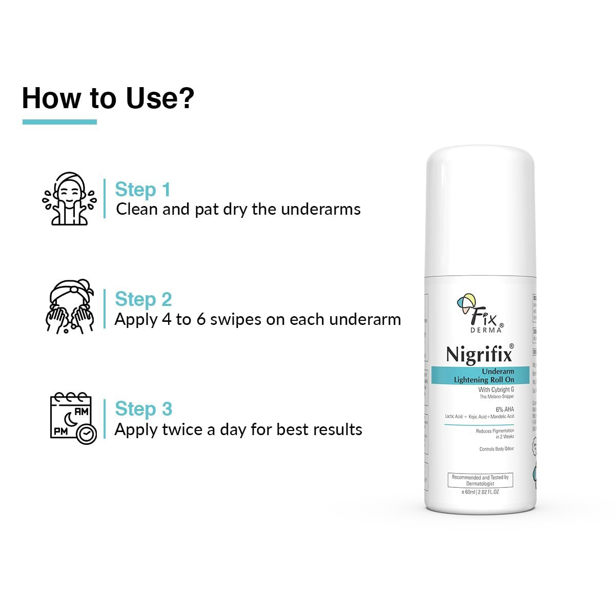 Fixderma Nigrifix Underarm Roll-on mit 6% AHA, Milchsäure & 1% Mandelsäure & Kojisäure | Hellt die Haut auf & peelt die Achseln | AHA Deodorant | für alle Hauttypen, Männer & Frauen - 60ml