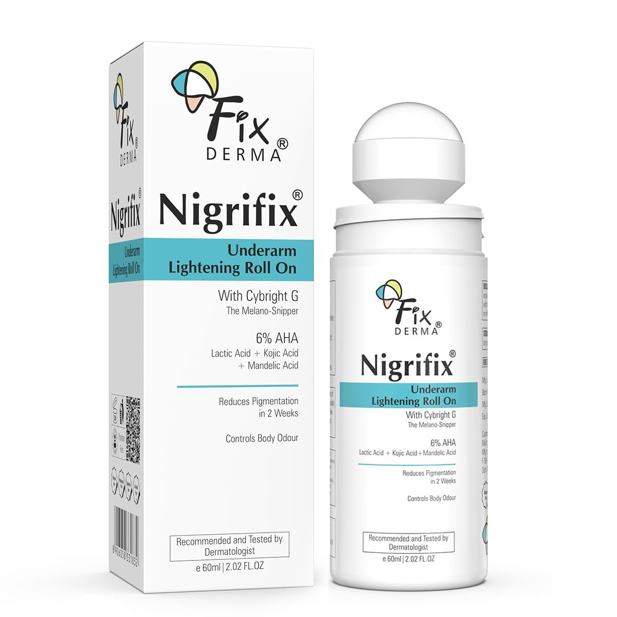 Fixderma Nigrifix Underarm Roll-on mit 6% AHA, Milchsäure & 1% Mandelsäure & Kojisäure | Hellt die Haut auf & peelt die Achseln | AHA Deodorant | für alle Hauttypen, Männer & Frauen - 60ml