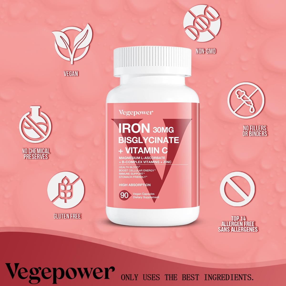 VEGEPOWER Eisen Bisglycinat 30 mg mit Vitamin C – Hochdosiertes Eisenpräparat für Anämie, Energie und gesunde rote Blutkörperchen – Magenschonend, nicht verstopfend, Nicht-GMO – 90 vegane Kapseln