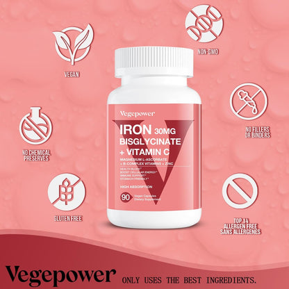 VEGEPOWER Eisen Bisglycinat 30 mg mit Vitamin C – Hochdosiertes Eisenpräparat für Anämie, Energie und gesunde rote Blutkörperchen – Magenschonend, nicht verstopfend, Nicht-GMO – 90 vegane Kapseln