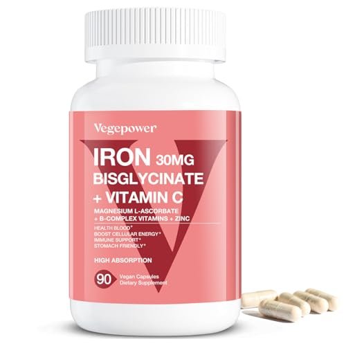 VEGEPOWER Eisen Bisglycinat 30 mg mit Vitamin C – Hochdosiertes Eisenpräparat für Anämie, Energie und gesunde rote Blutkörperchen – Magenschonend, nicht verstopfend, Nicht-GMO – 90 vegane Kapseln