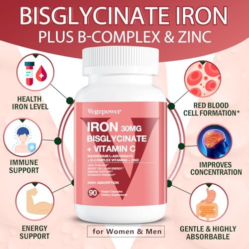 VEGEPOWER Eisen Bisglycinat 30 mg mit Vitamin C – Hochdosiertes Eisenpräparat für Anämie, Energie und gesunde rote Blutkörperchen – Magenschonend, nicht verstopfend, Nicht-GMO – 90 vegane Kapseln