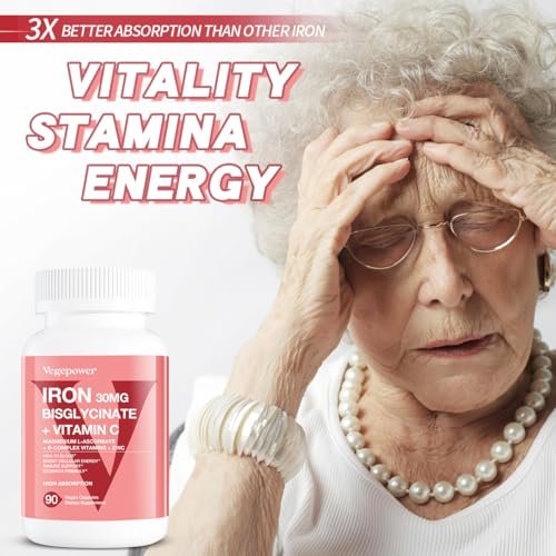 VEGEPOWER Eisen Bisglycinat 30 mg mit Vitamin C – Hochdosiertes Eisenpräparat für Anämie, Energie und gesunde rote Blutkörperchen – Magenschonend, nicht verstopfend, Nicht-GMO – 90 vegane Kapseln