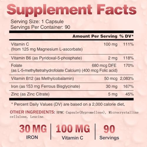 VEGEPOWER Eisen Bisglycinat 30 mg mit Vitamin C – Hochdosiertes Eisenpräparat für Anämie, Energie und gesunde rote Blutkörperchen – Magenschonend, nicht verstopfend, Nicht-GMO – 90 vegane Kapseln