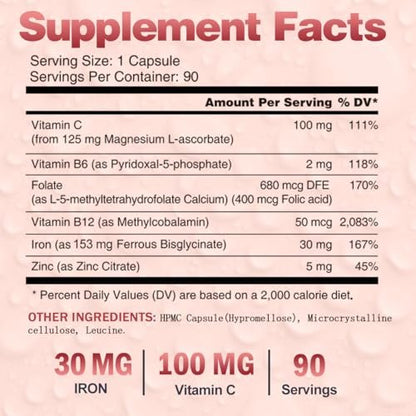 VEGEPOWER Eisen Bisglycinat 30 mg mit Vitamin C – Hochdosiertes Eisenpräparat für Anämie, Energie und gesunde rote Blutkörperchen – Magenschonend, nicht verstopfend, Nicht-GMO – 90 vegane Kapseln