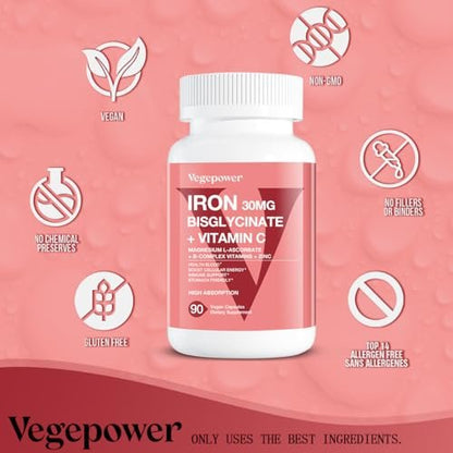 VEGEPOWER Eisen Bisglycinat 30 mg mit Vitamin C – Hochdosiertes Eisenpräparat für Anämie, Energie und gesunde rote Blutkörperchen – Magenschonend, nicht verstopfend, Nicht-GMO – 90 vegane Kapseln