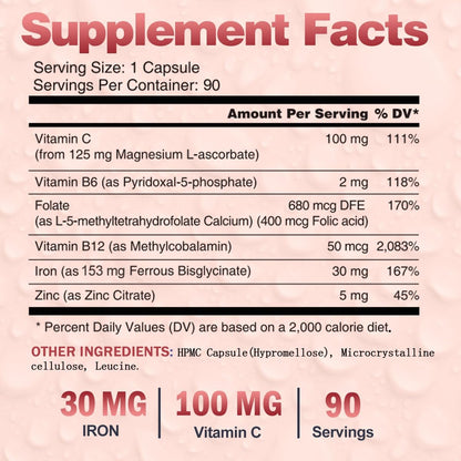 VEGEPOWER Eisen Bisglycinat 30 mg mit Vitamin C – Hochdosiertes Eisenpräparat für Anämie, Energie und gesunde rote Blutkörperchen – Magenschonend, nicht verstopfend, Nicht-GMO – 90 vegane Kapseln