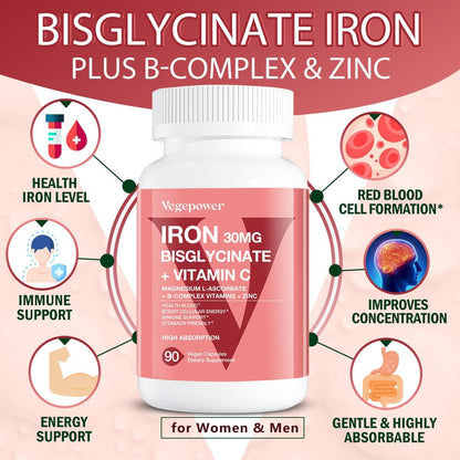 VEGEPOWER Eisen Bisglycinat 30 mg mit Vitamin C – Hochdosiertes Eisenpräparat für Anämie, Energie und gesunde rote Blutkörperchen – Magenschonend, nicht verstopfend, Nicht-GMO – 90 vegane Kapseln