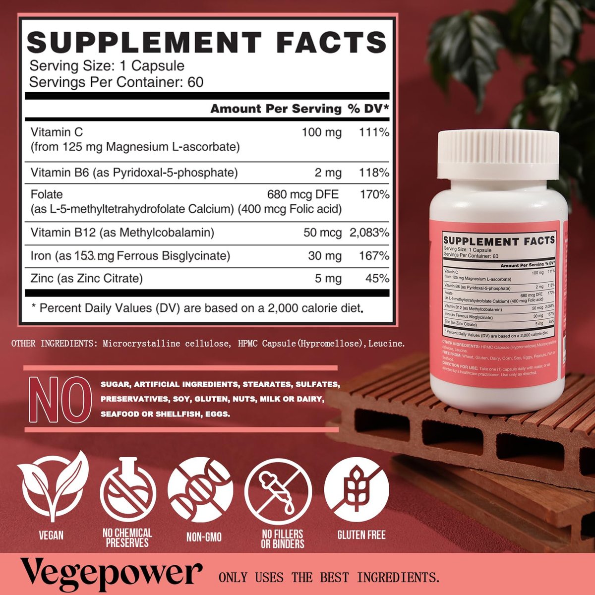 Eisen Bisglycinat Kapseln für Frauen & Männer - 30 mg Eisen mit Vitamin C, B12, Folsäure - Chelat-Eisen für Blutgesundheit - Hoch bioverfügbar, glutenfrei, vegan - 60 Kapseln