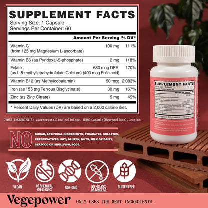 Eisen Bisglycinat Kapseln für Frauen & Männer - 30 mg Eisen mit Vitamin C, B12, Folsäure - Chelat-Eisen für Blutgesundheit - Hoch bioverfügbar, glutenfrei, vegan - 60 Kapseln