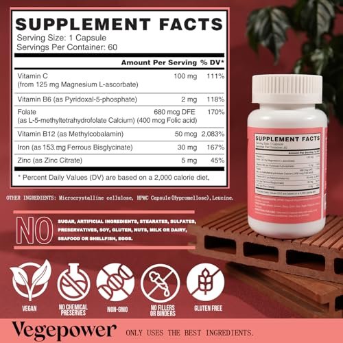 Eisen Bisglycinat Kapseln für Frauen & Männer - 30 mg Eisen mit Vitamin C, B12, Folsäure - Chelat-Eisen für Blutgesundheit - Hoch bioverfügbar, glutenfrei, vegan - 60 Kapseln