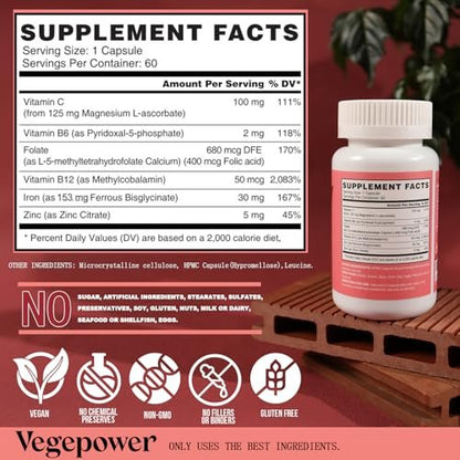 Eisen Bisglycinat Kapseln für Frauen & Männer - 30 mg Eisen mit Vitamin C, B12, Folsäure - Chelat-Eisen für Blutgesundheit - Hoch bioverfügbar, glutenfrei, vegan - 60 Kapseln