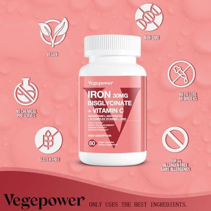 Eisen Bisglycinat Kapseln für Frauen & Männer - 30 mg Eisen mit Vitamin C, B12, Folsäure - Chelat-Eisen für Blutgesundheit - Hoch bioverfügbar, glutenfrei, vegan - 60 Kapseln