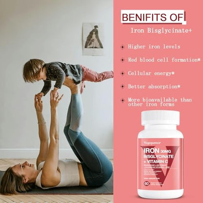 Eisen Bisglycinat Kapseln für Frauen & Männer - 30 mg Eisen mit Vitamin C, B12, Folsäure - Chelat-Eisen für Blutgesundheit - Hoch bioverfügbar, glutenfrei, vegan - 60 Kapseln