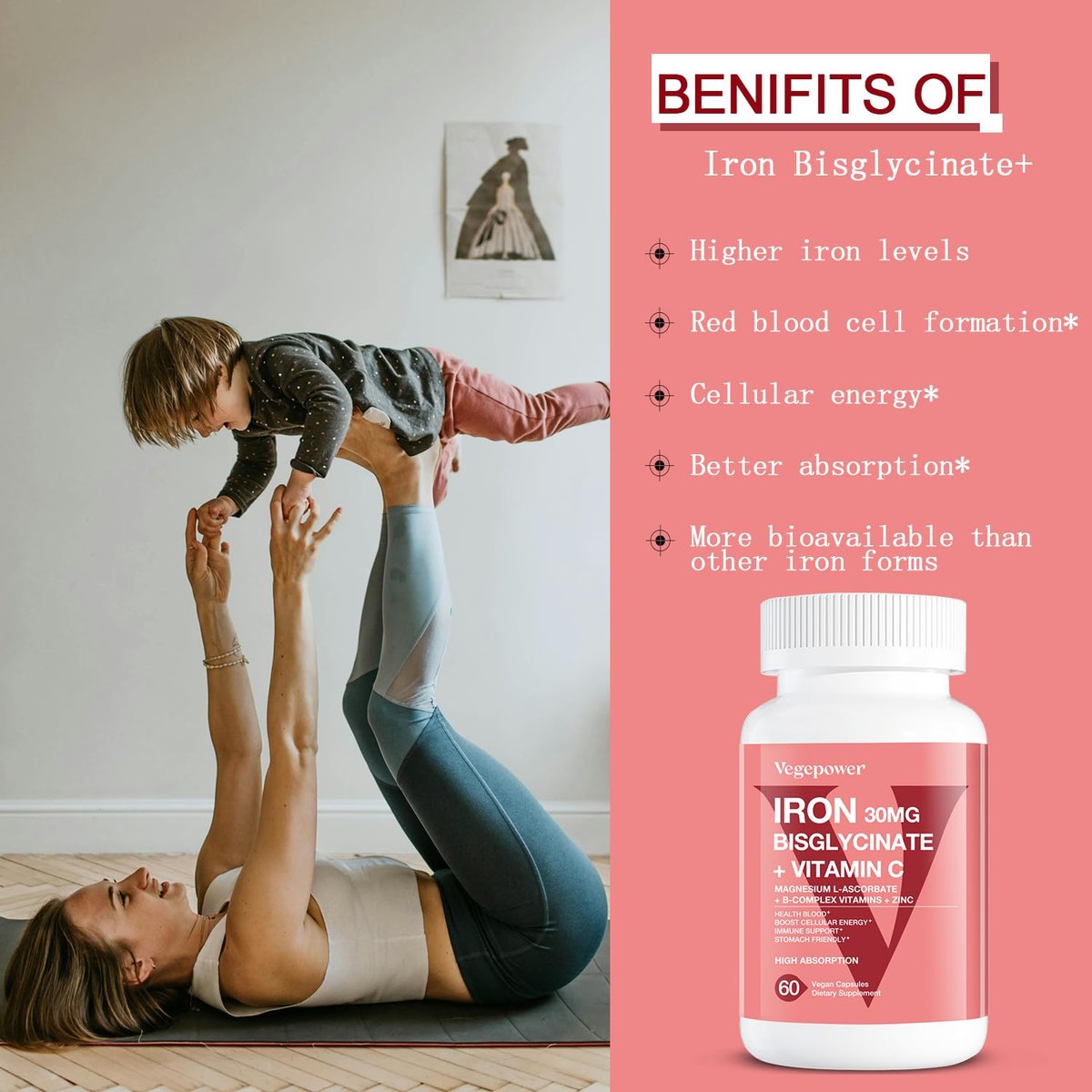 Eisen Bisglycinat Kapseln für Frauen & Männer - 30 mg Eisen mit Vitamin C, B12, Folsäure - Chelat-Eisen für Blutgesundheit - Hoch bioverfügbar, glutenfrei, vegan - 60 Kapseln