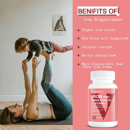 Eisen Bisglycinat Kapseln für Frauen & Männer - 30 mg Eisen mit Vitamin C, B12, Folsäure - Chelat-Eisen für Blutgesundheit - Hoch bioverfügbar, glutenfrei, vegan - 60 Kapseln