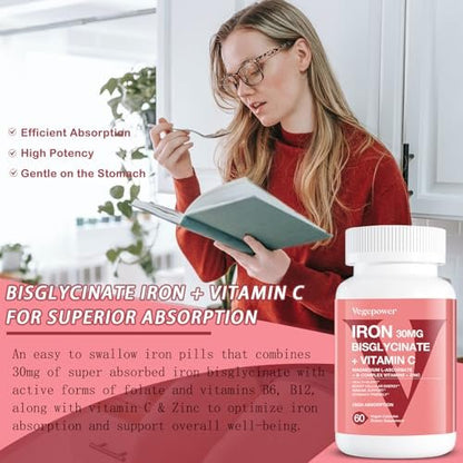 Eisen Bisglycinat Kapseln für Frauen & Männer - 30 mg Eisen mit Vitamin C, B12, Folsäure - Chelat-Eisen für Blutgesundheit - Hoch bioverfügbar, glutenfrei, vegan - 60 Kapseln