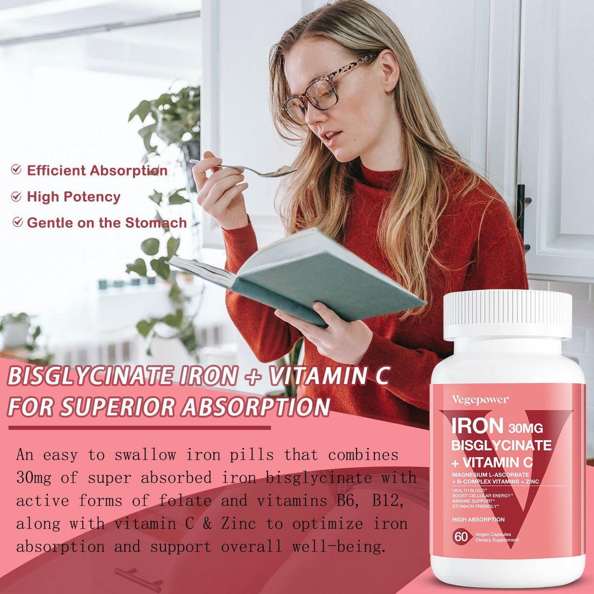 Eisen Bisglycinat Kapseln für Frauen & Männer - 30 mg Eisen mit Vitamin C, B12, Folsäure - Chelat-Eisen für Blutgesundheit - Hoch bioverfügbar, glutenfrei, vegan - 60 Kapseln