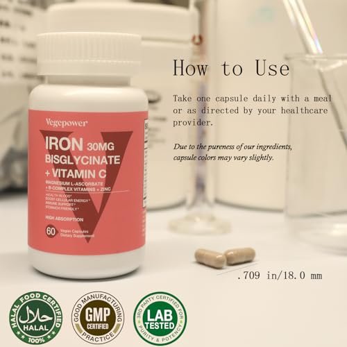 Eisen Bisglycinat Kapseln für Frauen & Männer - 30 mg Eisen mit Vitamin C, B12, Folsäure - Chelat-Eisen für Blutgesundheit - Hoch bioverfügbar, glutenfrei, vegan - 60 Kapseln